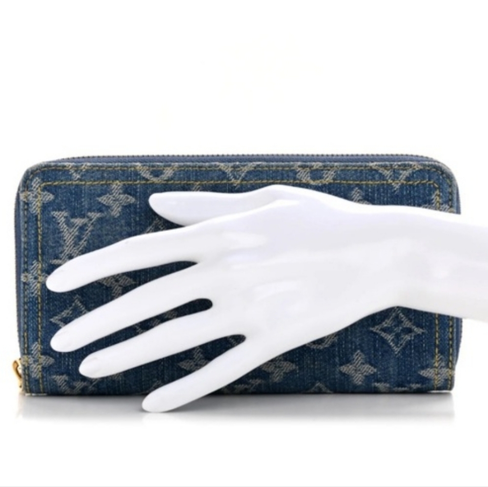 Cotton Denim Alongated Multi Compartment Blue/White Monogram Branded Logo Wallet